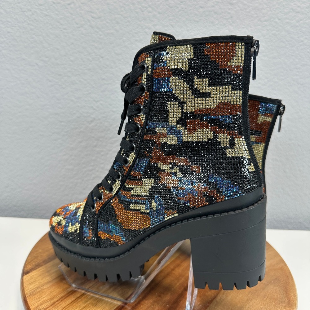 Steve Madden Pass Rhinestone Camo Platform Combat Boots Multi Color 8.5M Bling - Picture 3 of 8